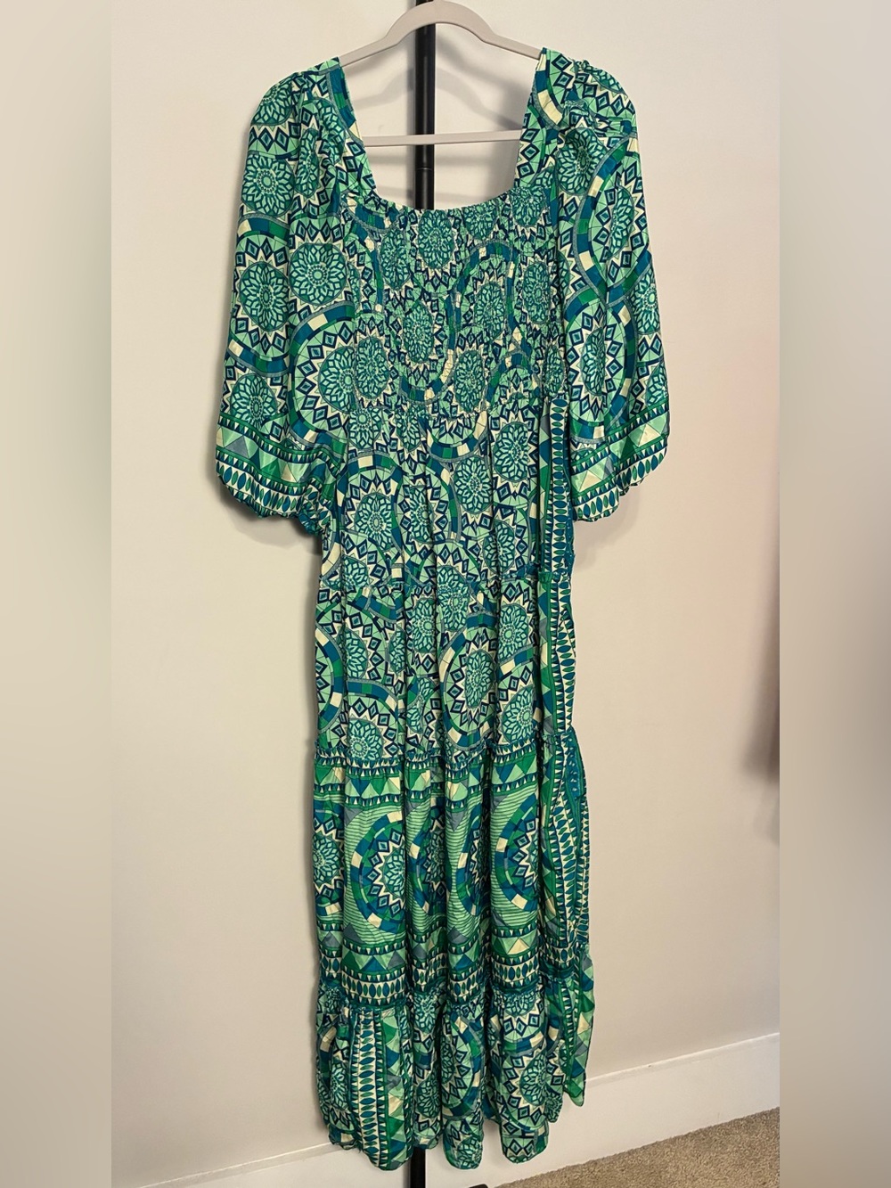 Me 2 Magic Boho Maxi Dress Green Blue Tiered Smock Bodice 2X - Picture 2 of 6